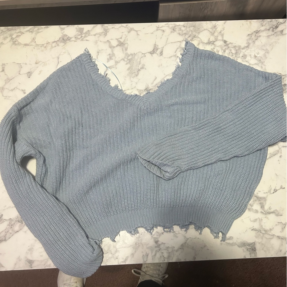 blue off the shoulder sweater